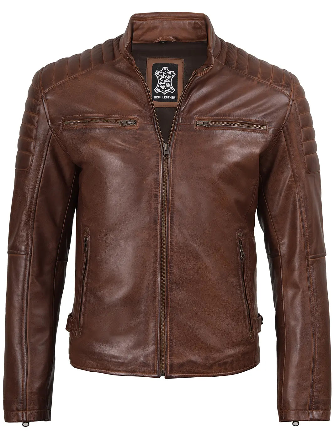 Mens Cognac Brown Cafe Racer Leather Jacket Biker
