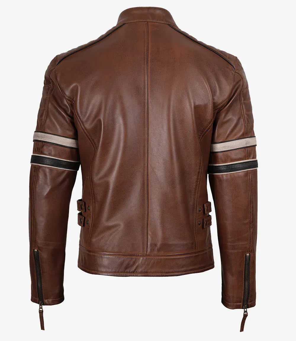 decrumnew Men's Cognac Brown Leather Racer Jacket with Black and Beige Stripes