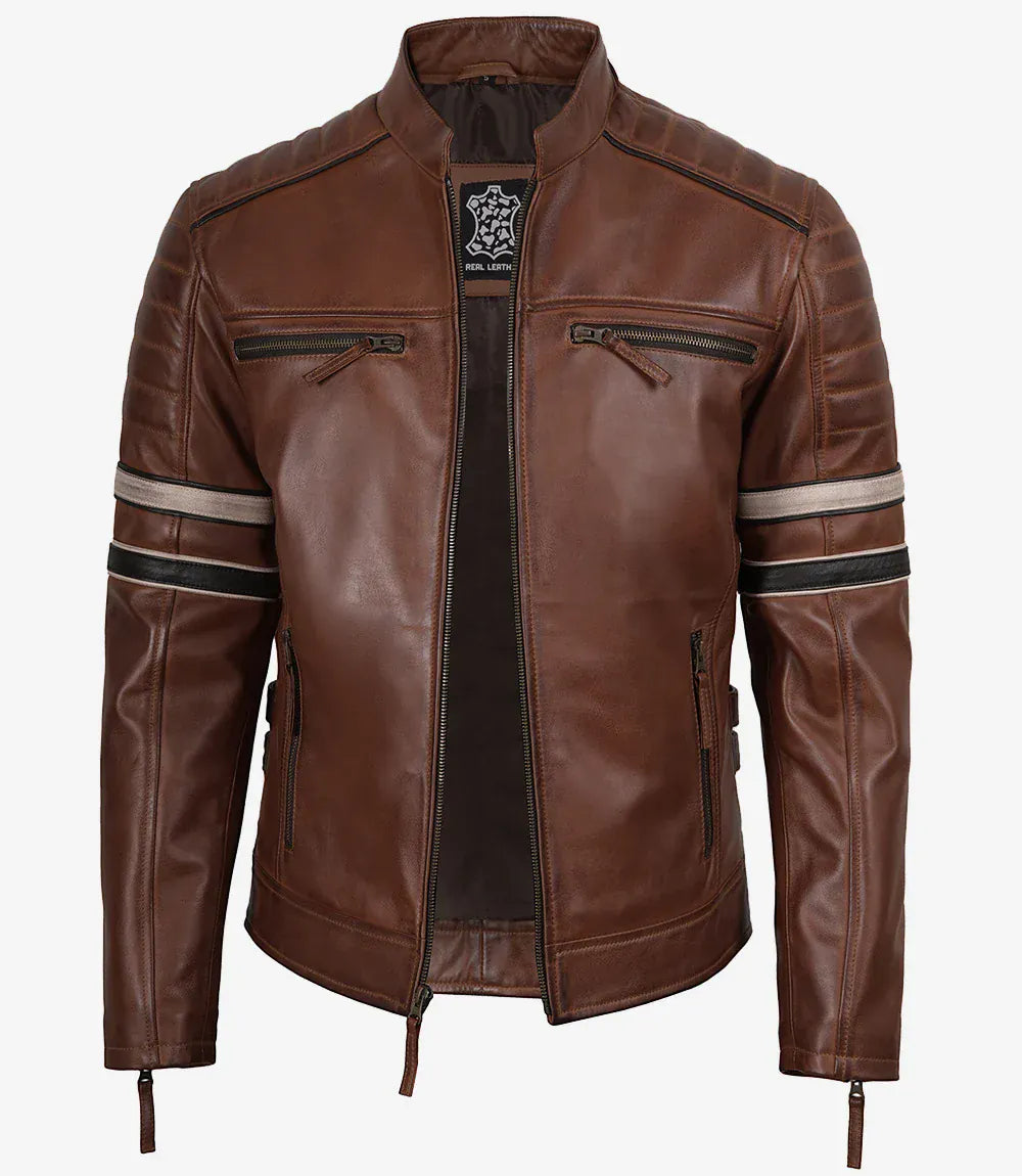 decrumnew Men's Cognac Brown Leather Racer Jacket with Black and Beige Stripes