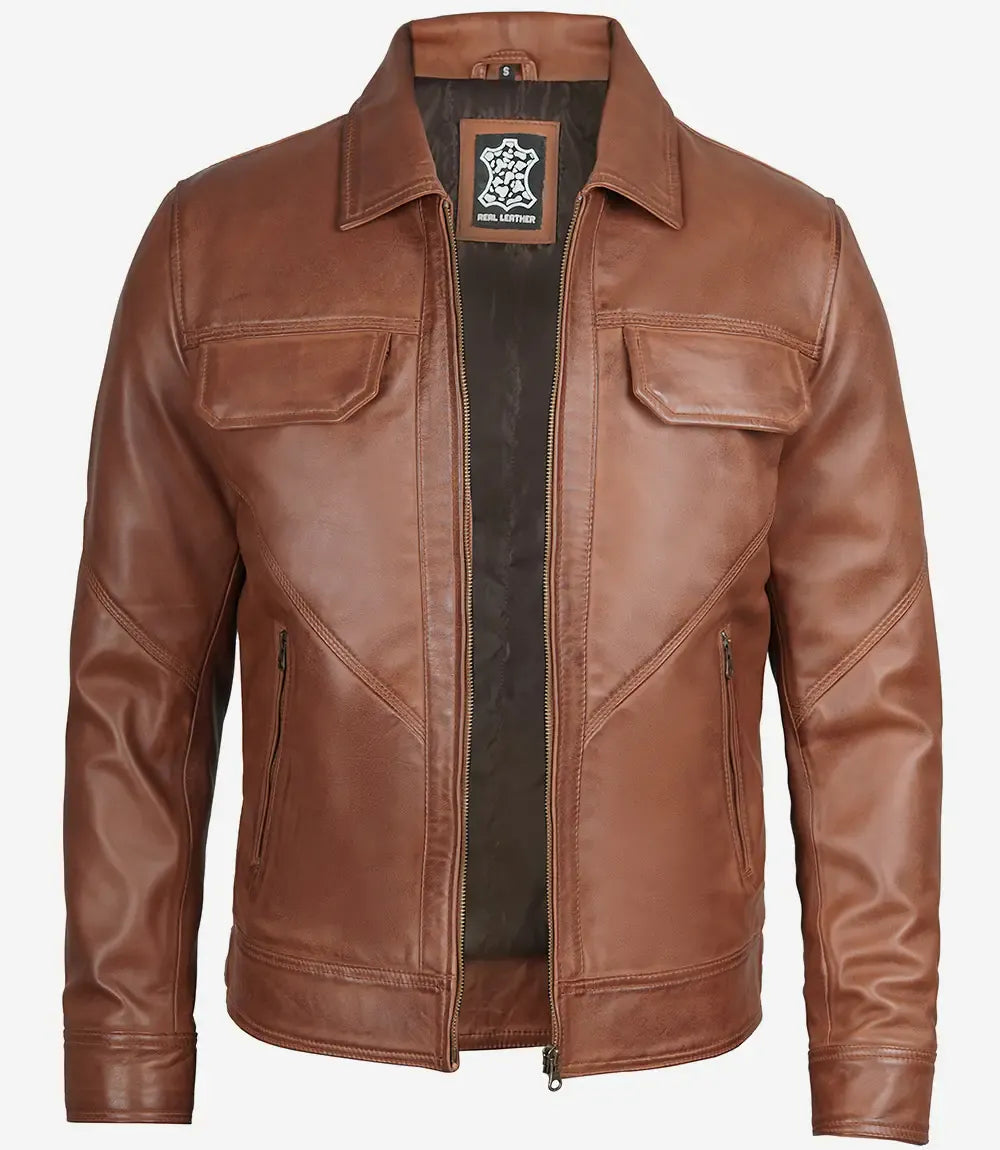 Decrum Men's Cognac Brown Lambskin Leather Jacket Shirt Collar