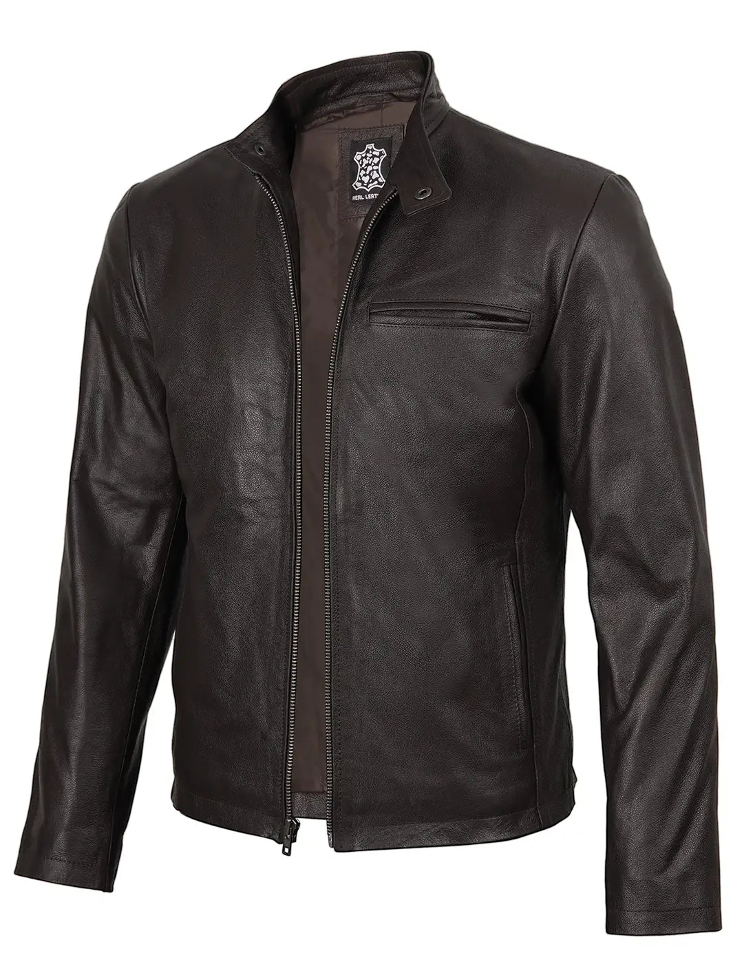 Mens Dark Brown Cowhide Cafe Racer Leather Jacket