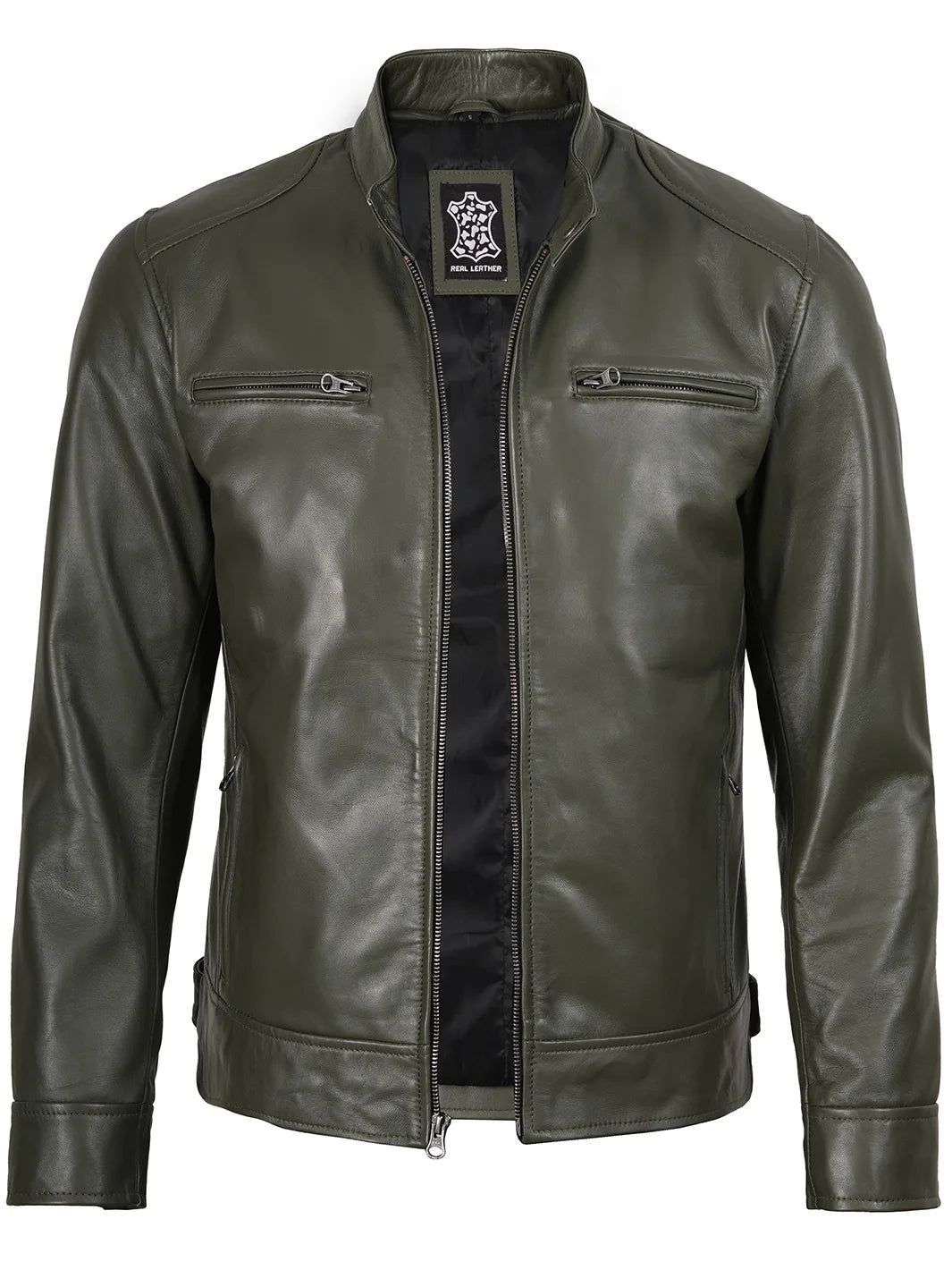 Mens Green Cafe Racer Real Leather Jacket Dodge 
