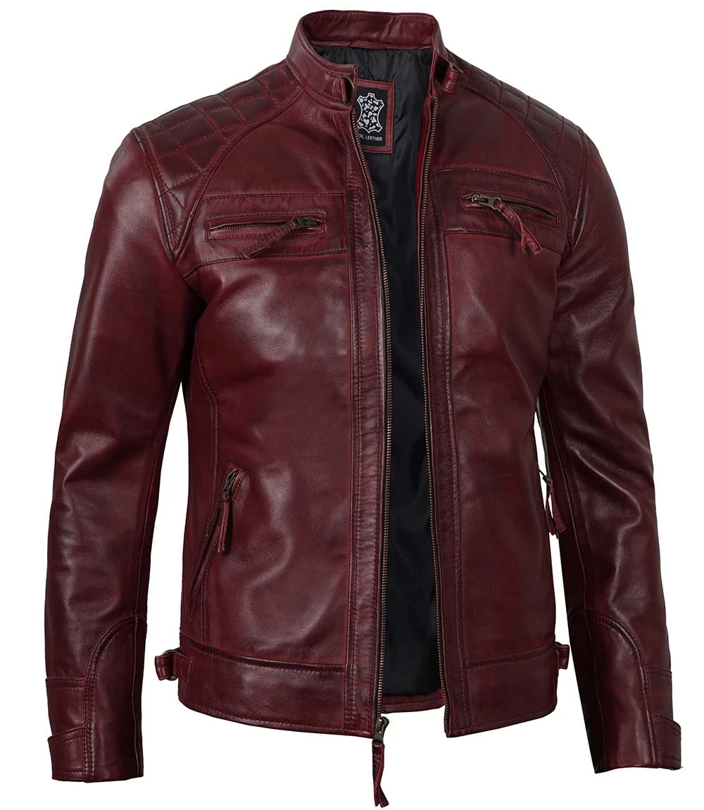 Mens Maroon Quilted Leather Jacket
