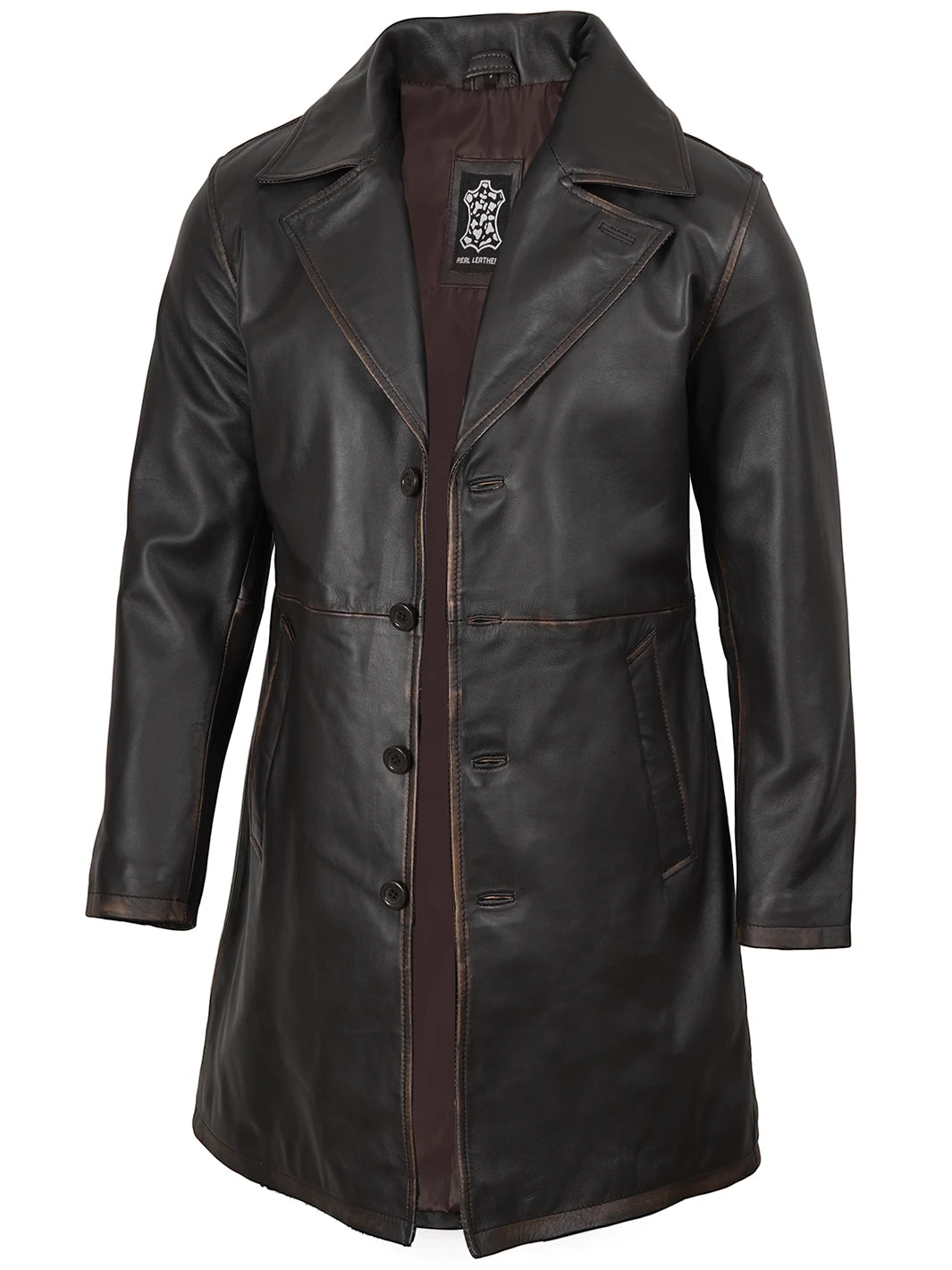 Mens Real Leather 3 4 Length Dark Brown Car Coat