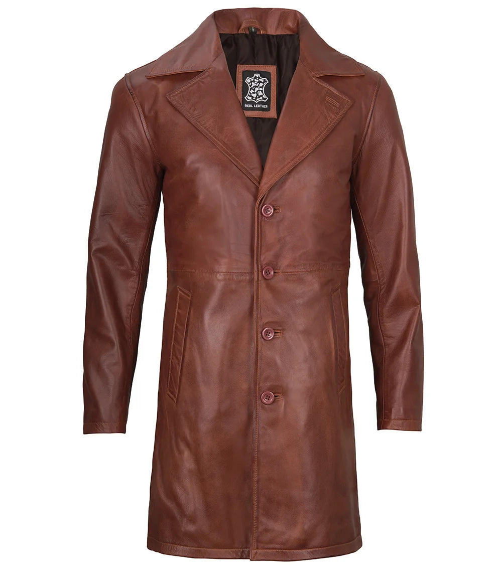 Mens real leather cognac car coat