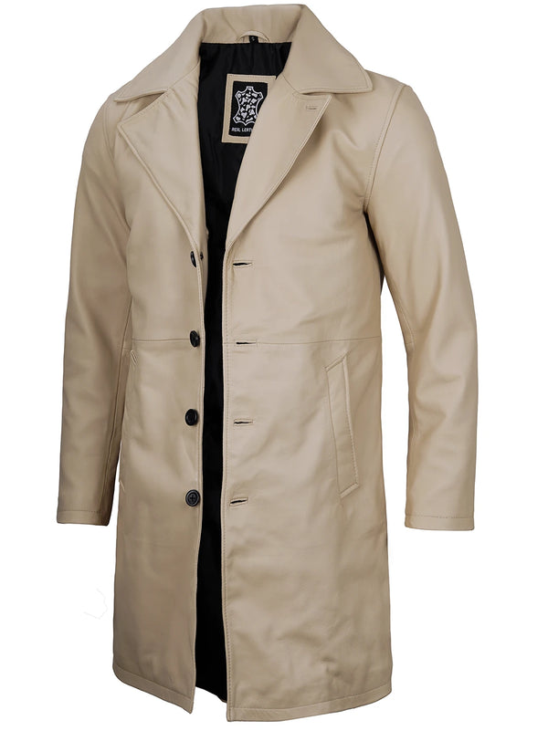 Mens beige leather car coat