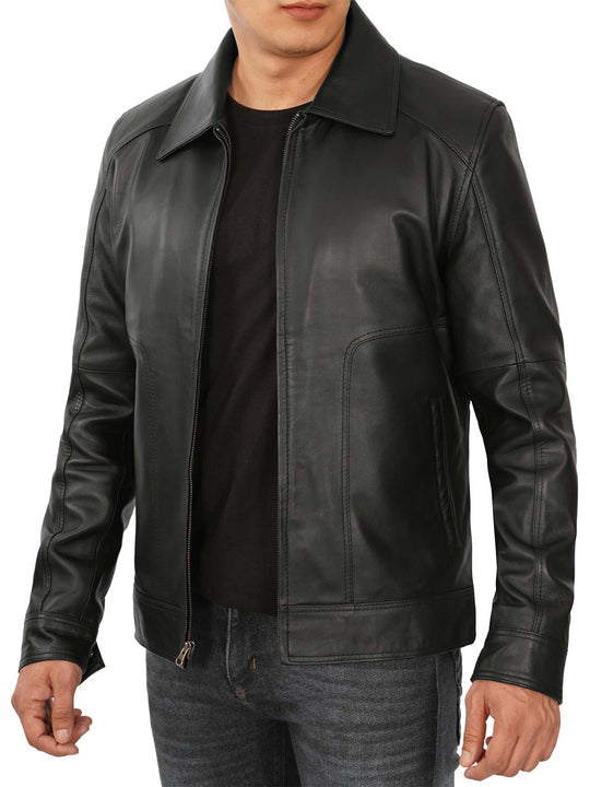 Mens black leather moto jacket