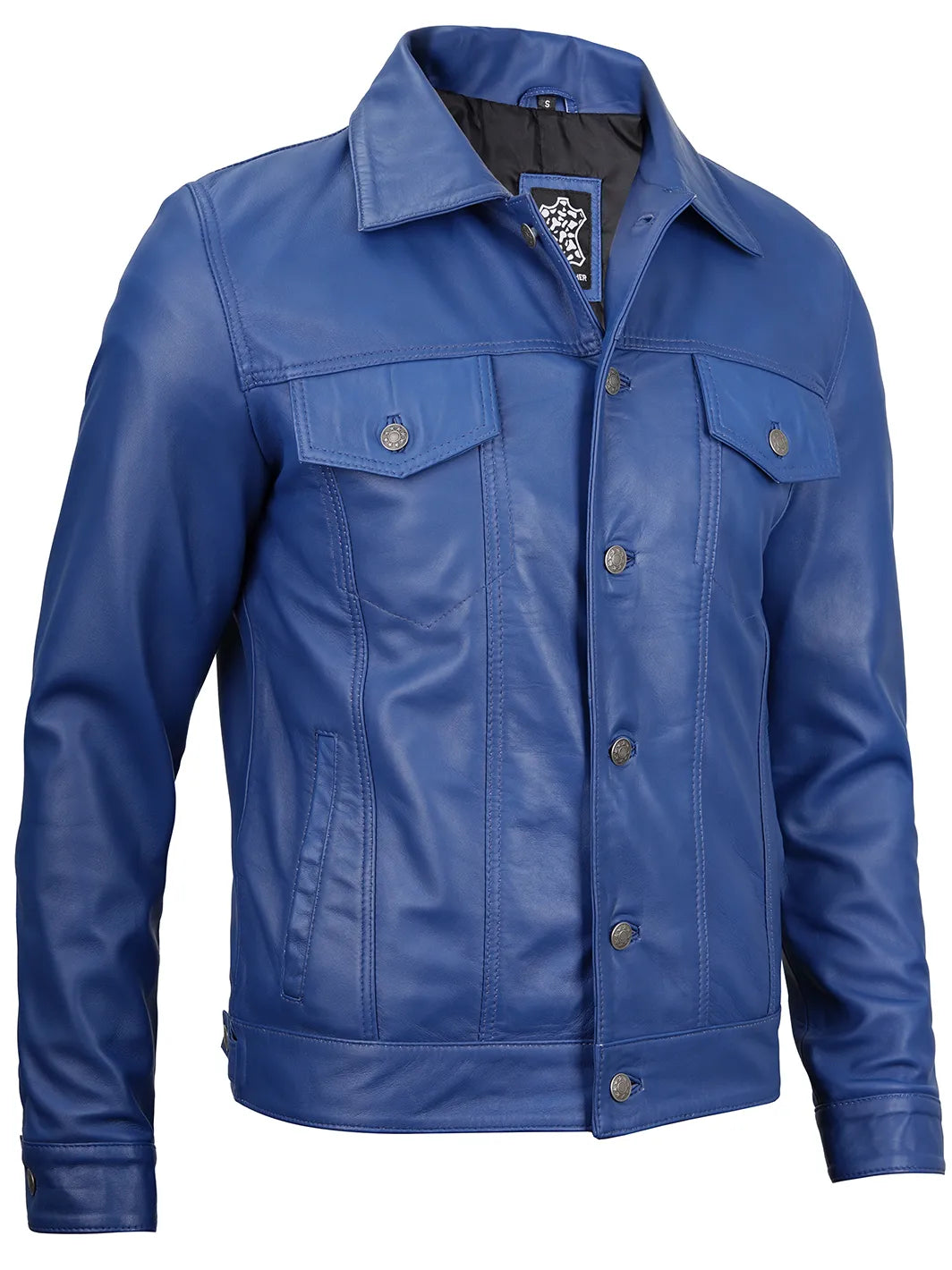 Mens blue leather trucker jacket