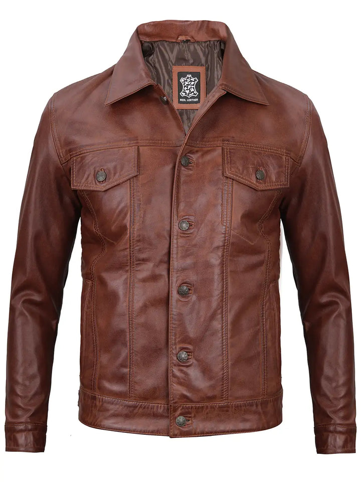 Mens cognac trucker jacket