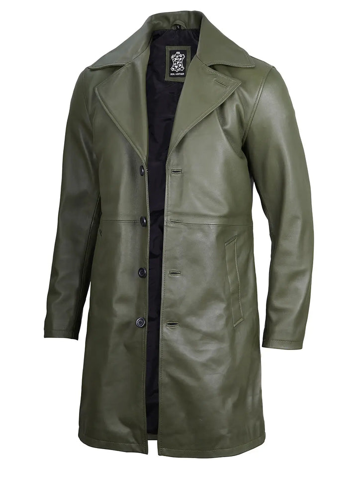 Mens green leather car coat