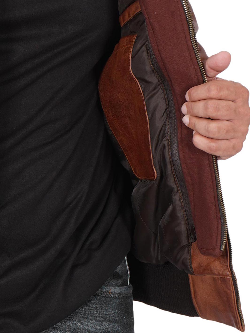 Mens Brown Leather Jacket with hood