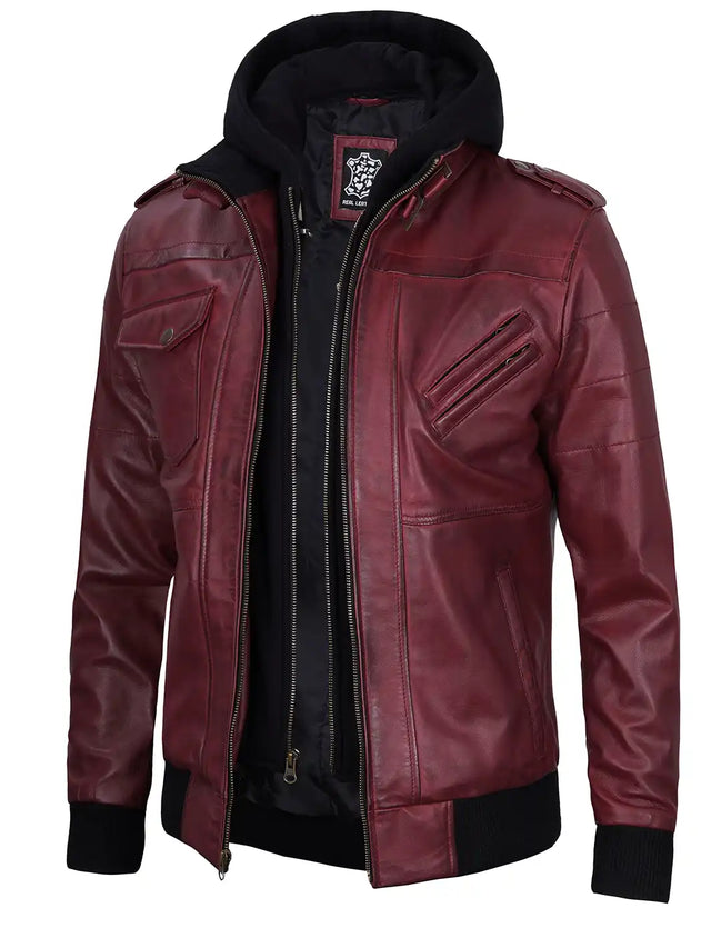 Men's burgundy lambskin bomber jacket with removable hood