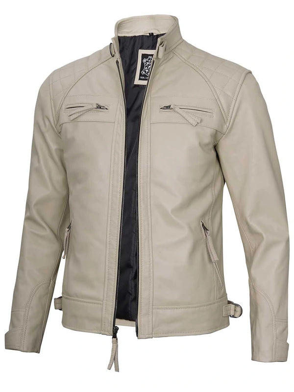 Mens beige cafe racer leather jacket