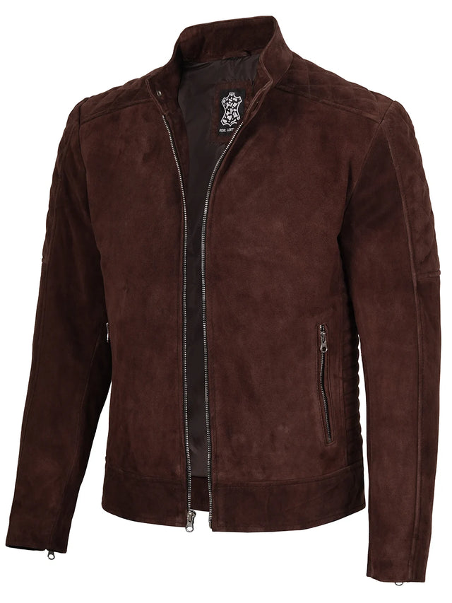 Men's quilted dark brown real suede jacket