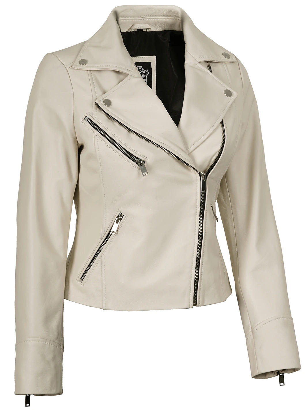 Moto Style Off White Real Leather Jacket For Womens