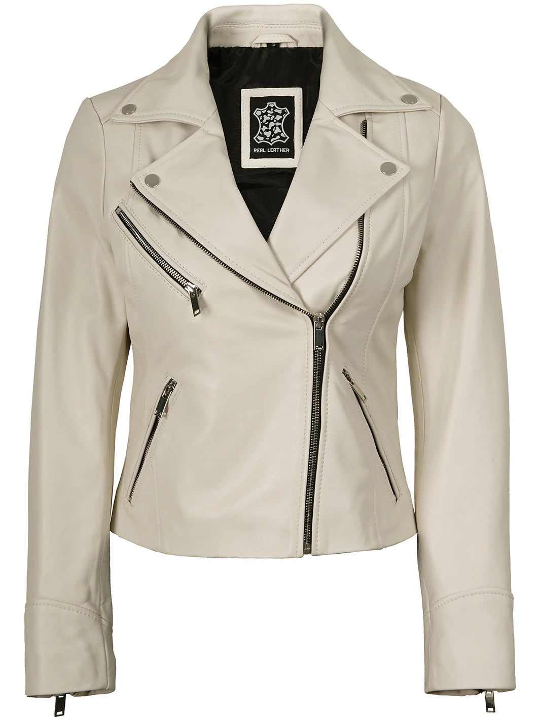 Moto Style Off White Real Leather Jacket Womens