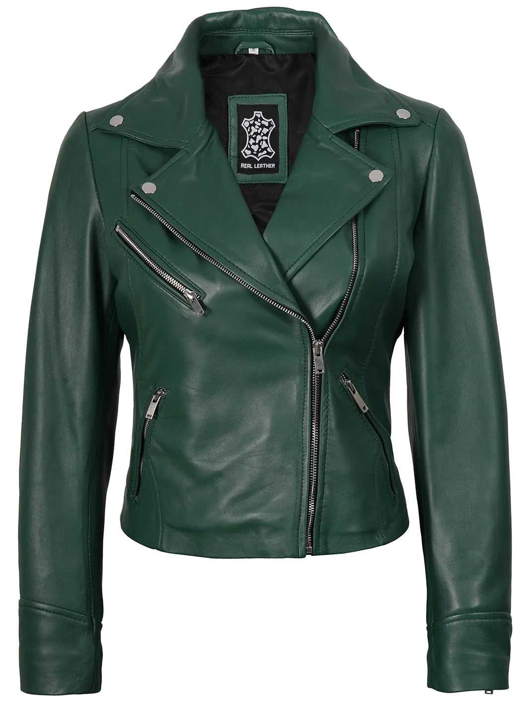 Ninfa Asymmetrical Biker Green Leather Jackets Womens 