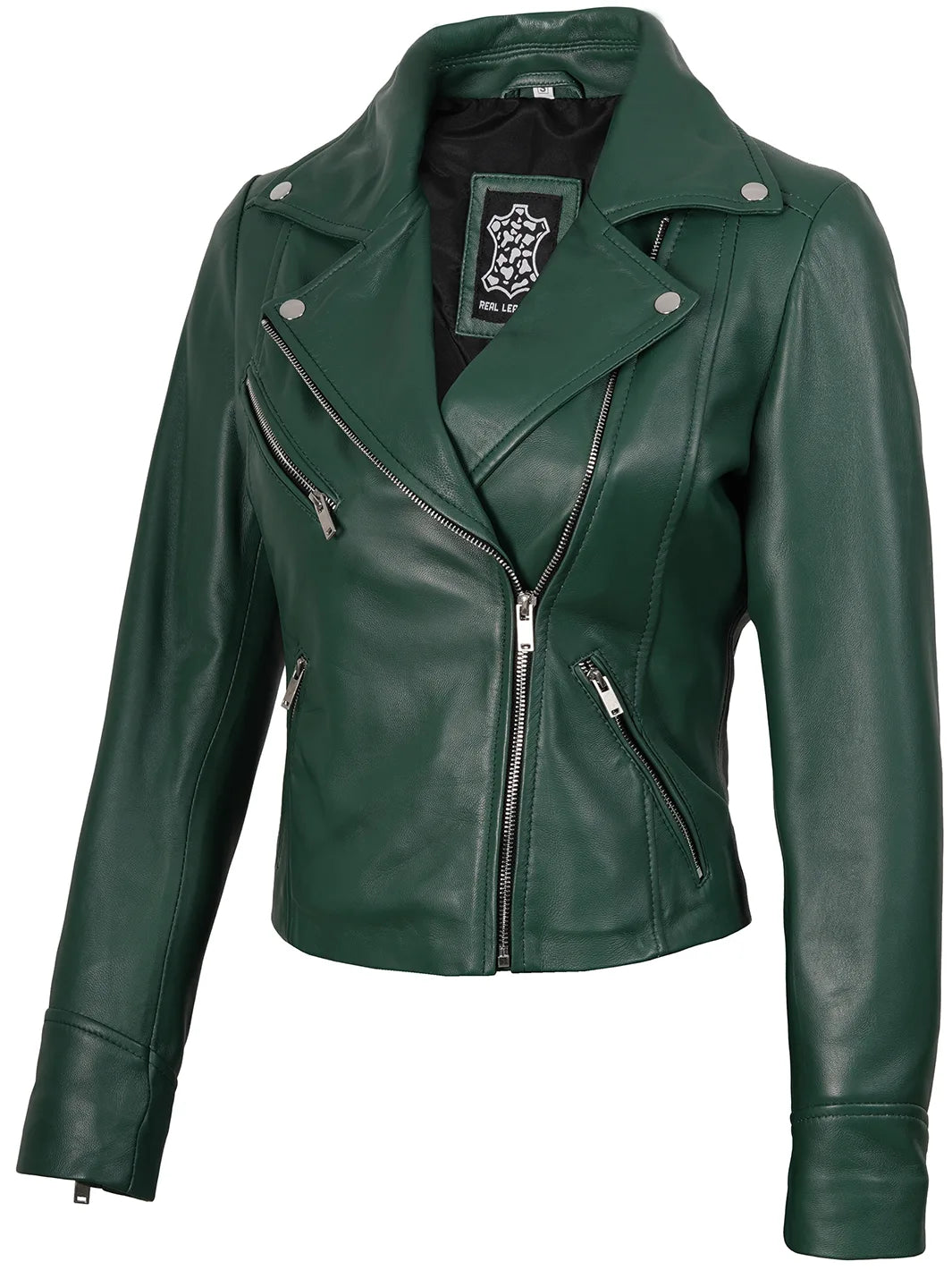 Ninfa Women's Asymmetrical Biker Green Leather Jacket