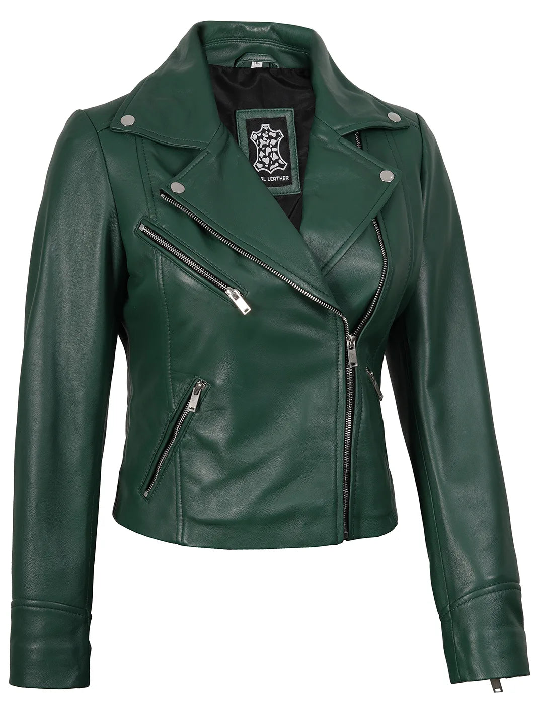 Ninfa Womens Asymmetrical Biker Green Leather Jackets
