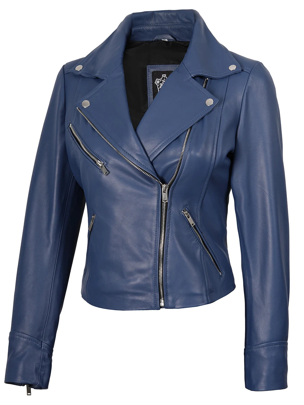 Ninfa Womens Blue Asymmetrical Biker Leather Jacket