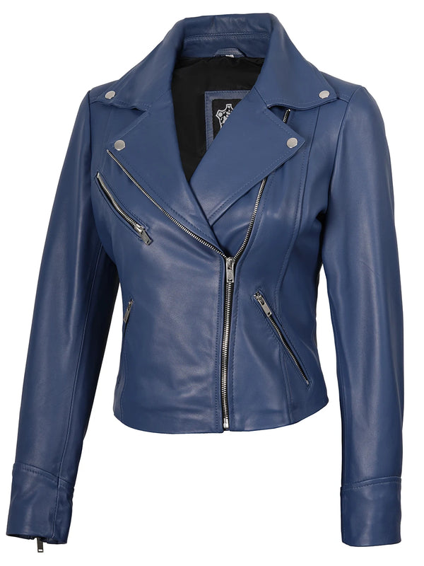 Ninfa Womens Blue Asymmetrical Biker Leather Jacket