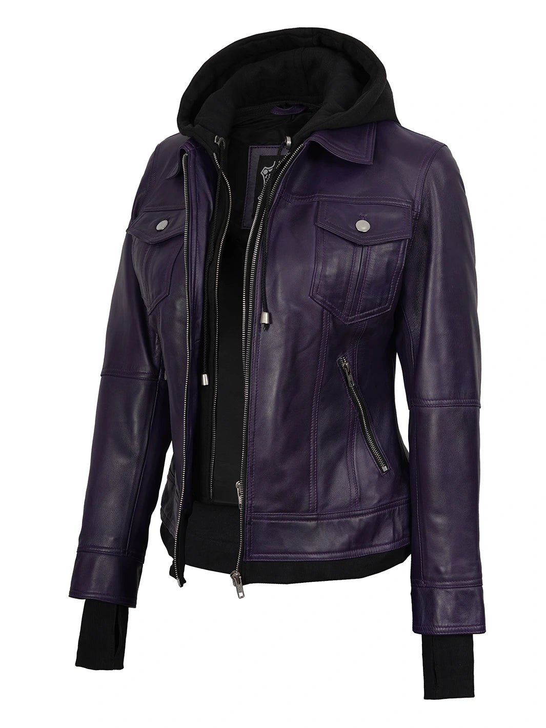 Purple Leather Jacket with Removable Hood Womens