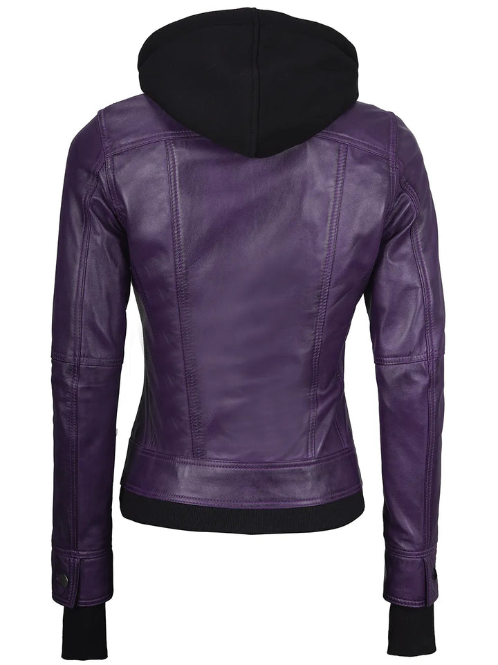 Purple hooded leather jacket