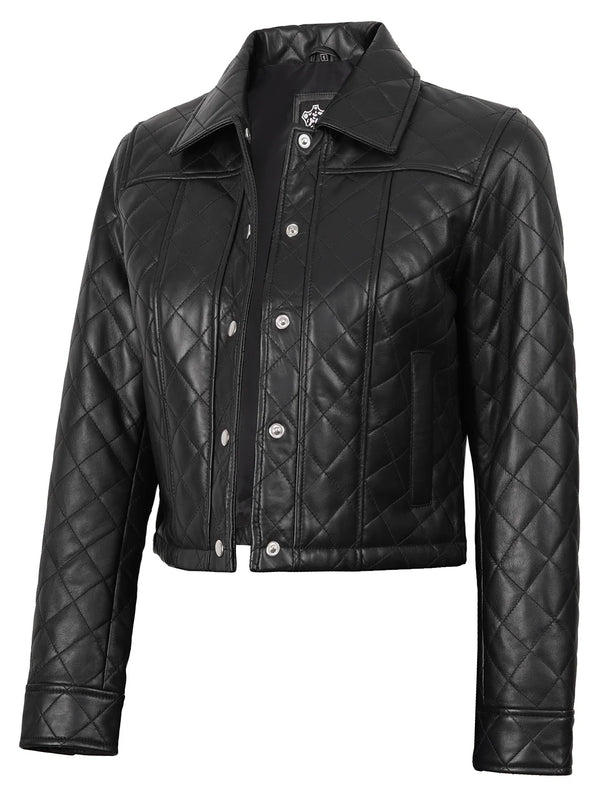 Quilted Black Cropped Leather Jacket Womens