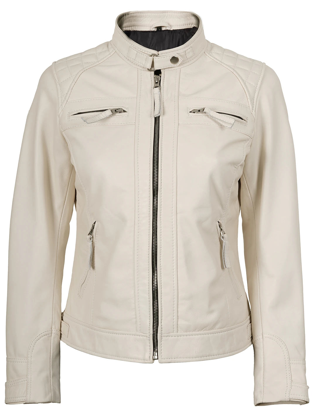 Quilted Off White Cafe Racer Leather Jacket Women