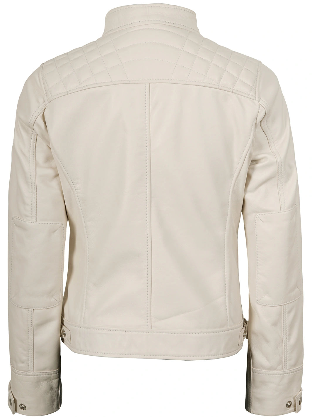 Quilted Off White Cafe Racer Leather Jacket Womens