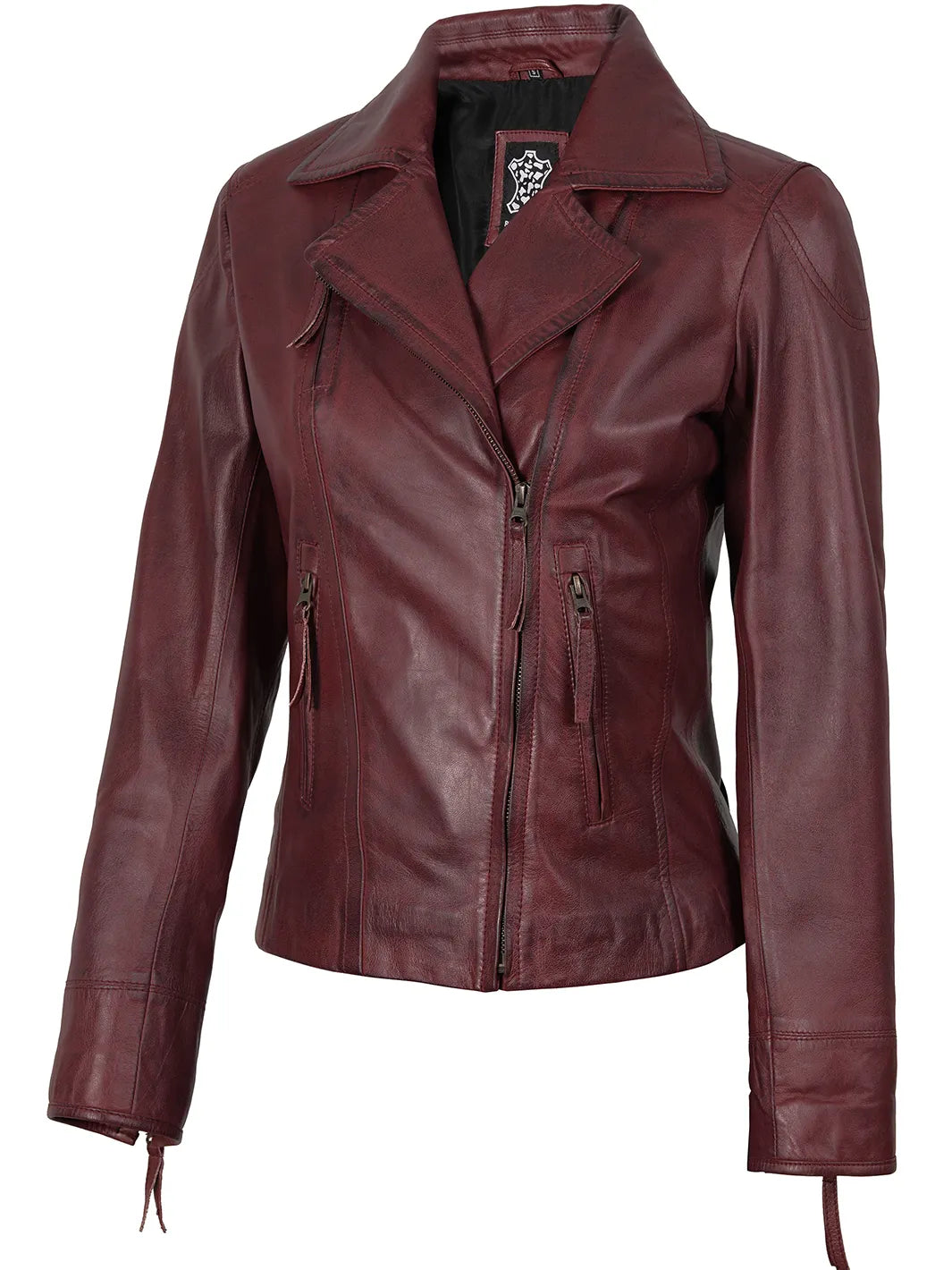 Ramsey Women's Burgundy Asymmetrical Leather Moto Jacket