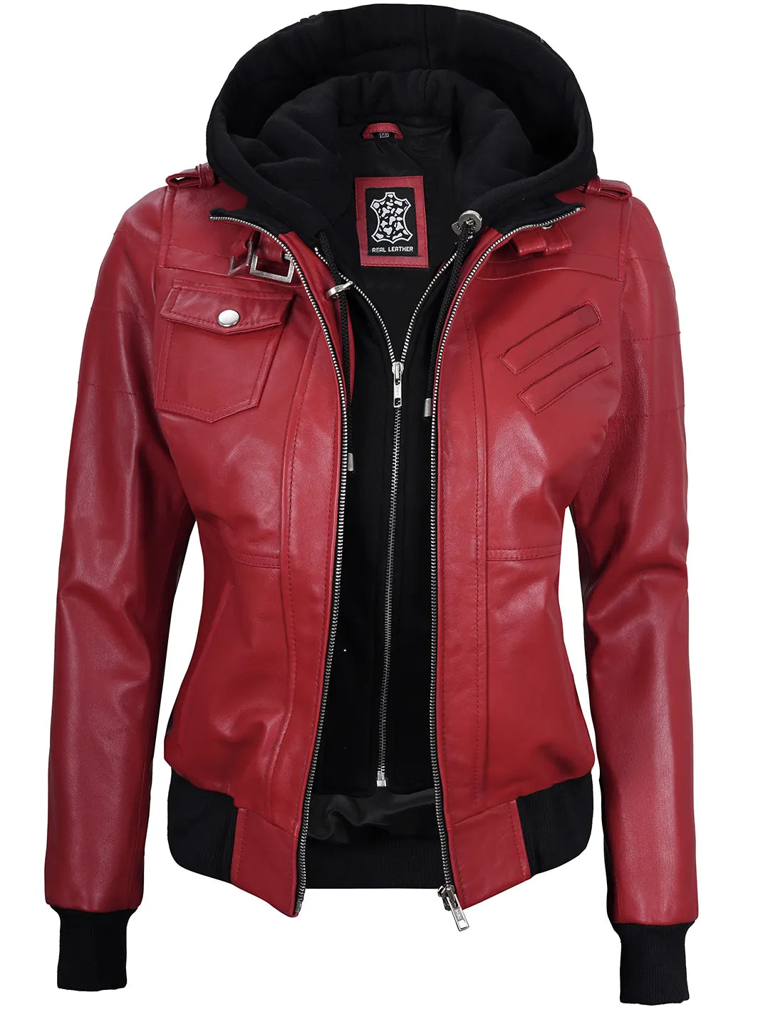 Red hooded leather jacket