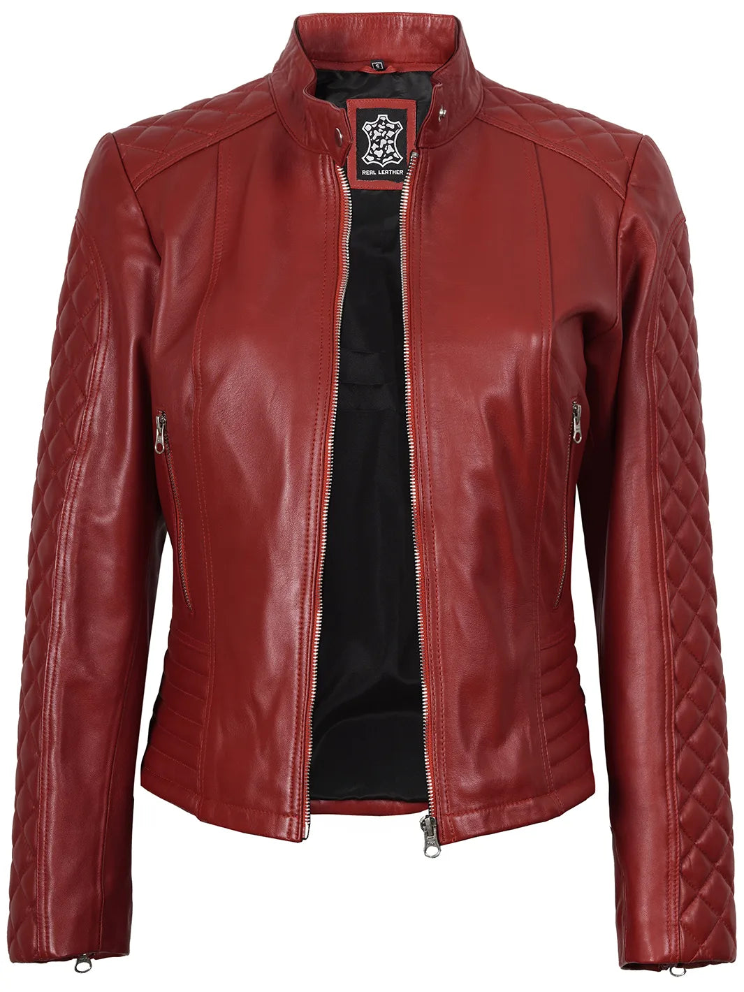 Red Quilted Cafe Racer Leather Jacket For Women