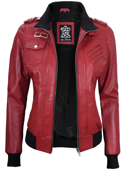 Red hooded bomber leather jacket