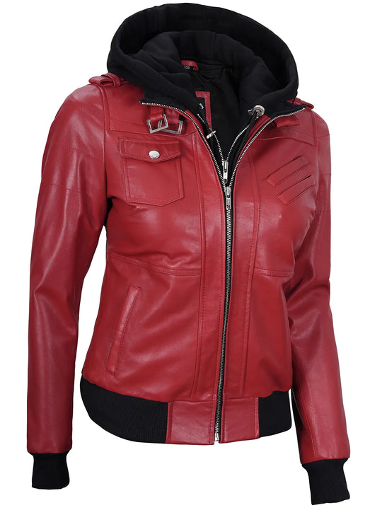 Red leather jacket with hood