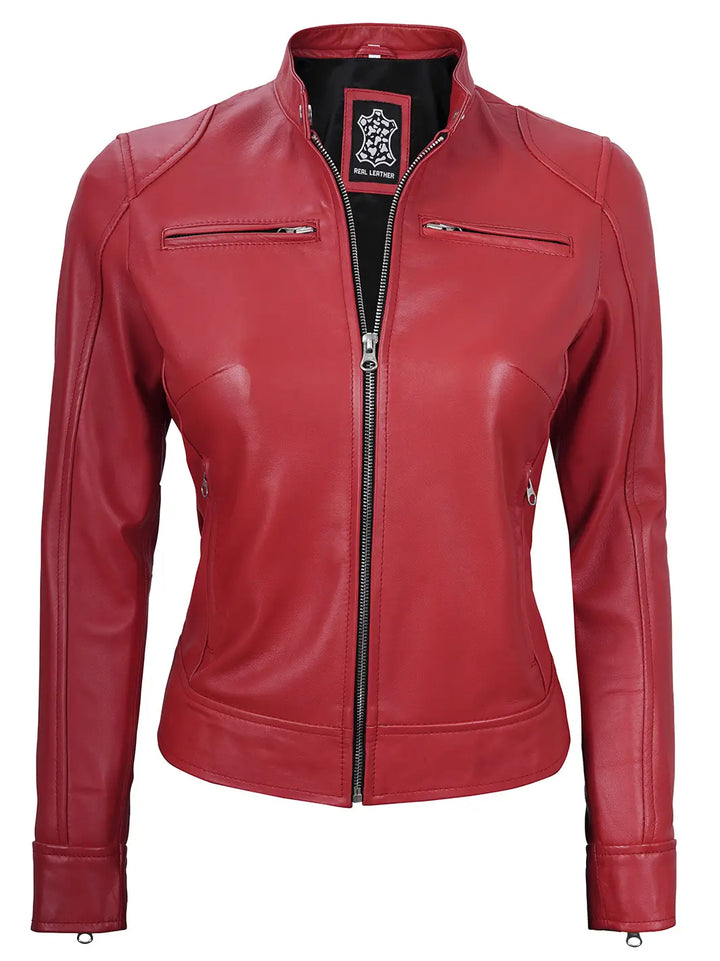 Red women leather jacket