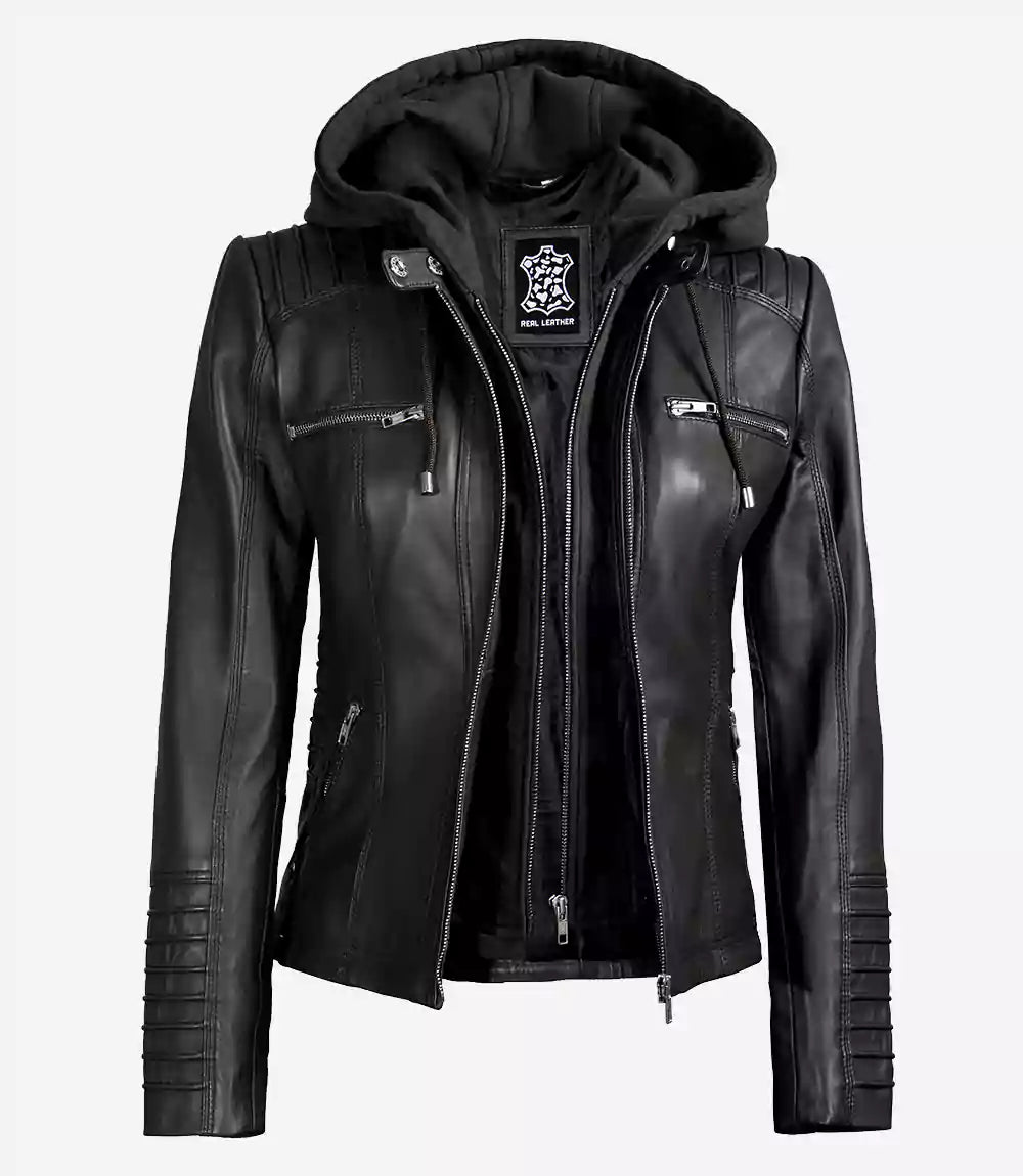 Removable Hooded Leather Jacket Black Helen