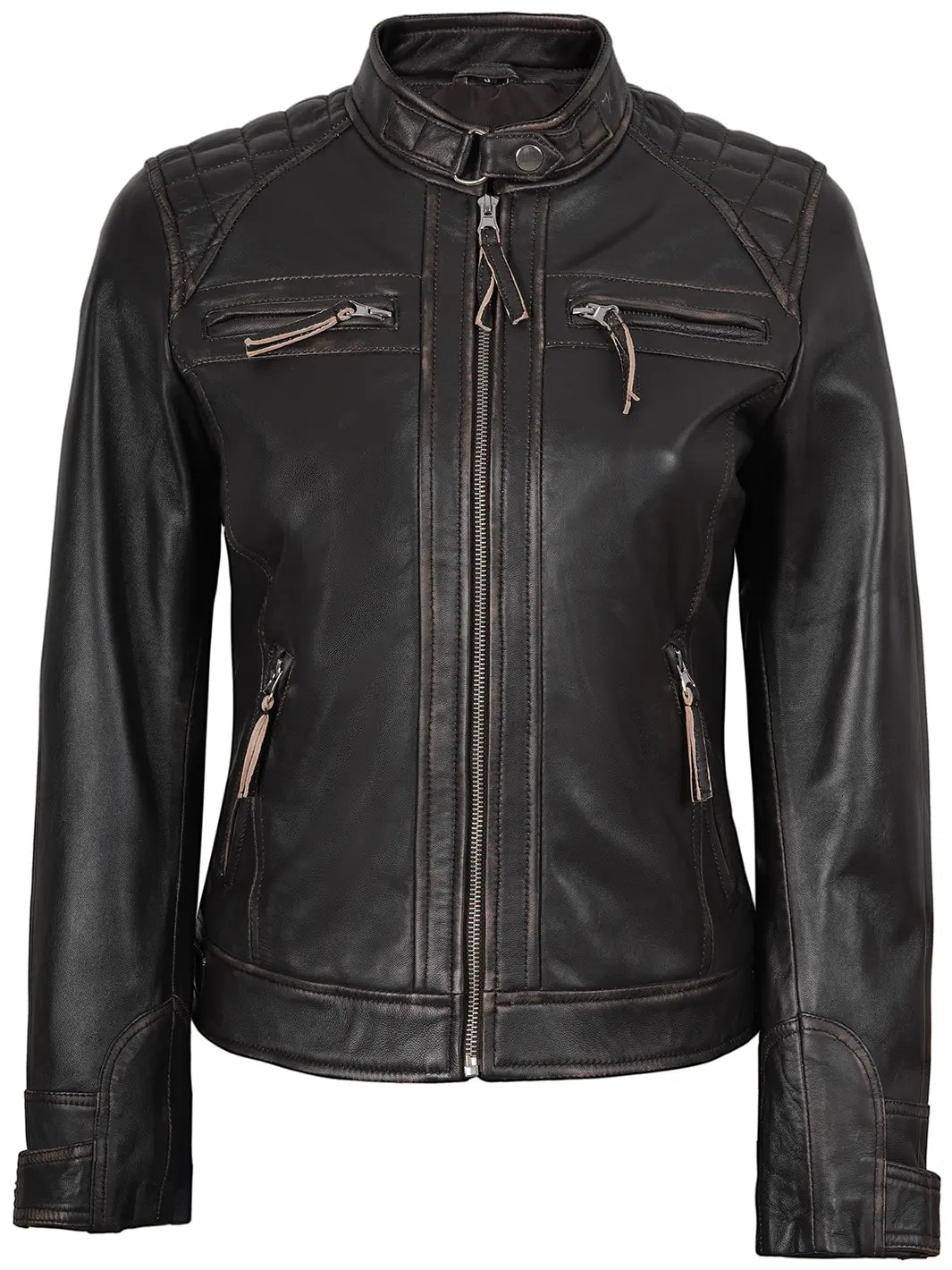 Rub Off Brown Real Leather Jacket Women