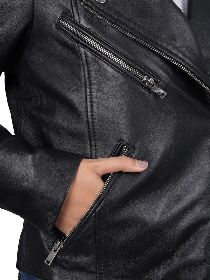 Side zipper pocket leather jacket