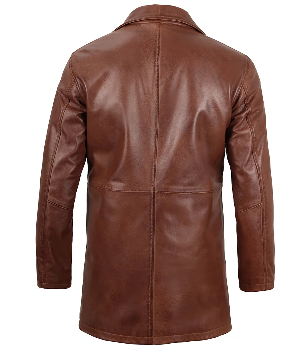 Stylish mens brown leather coat with a mid-length cut and distressed finish