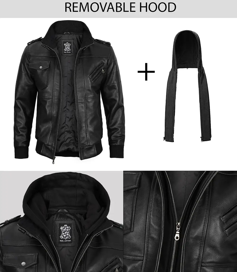 Tall Men's Black Leather Jacket with Removable Hood