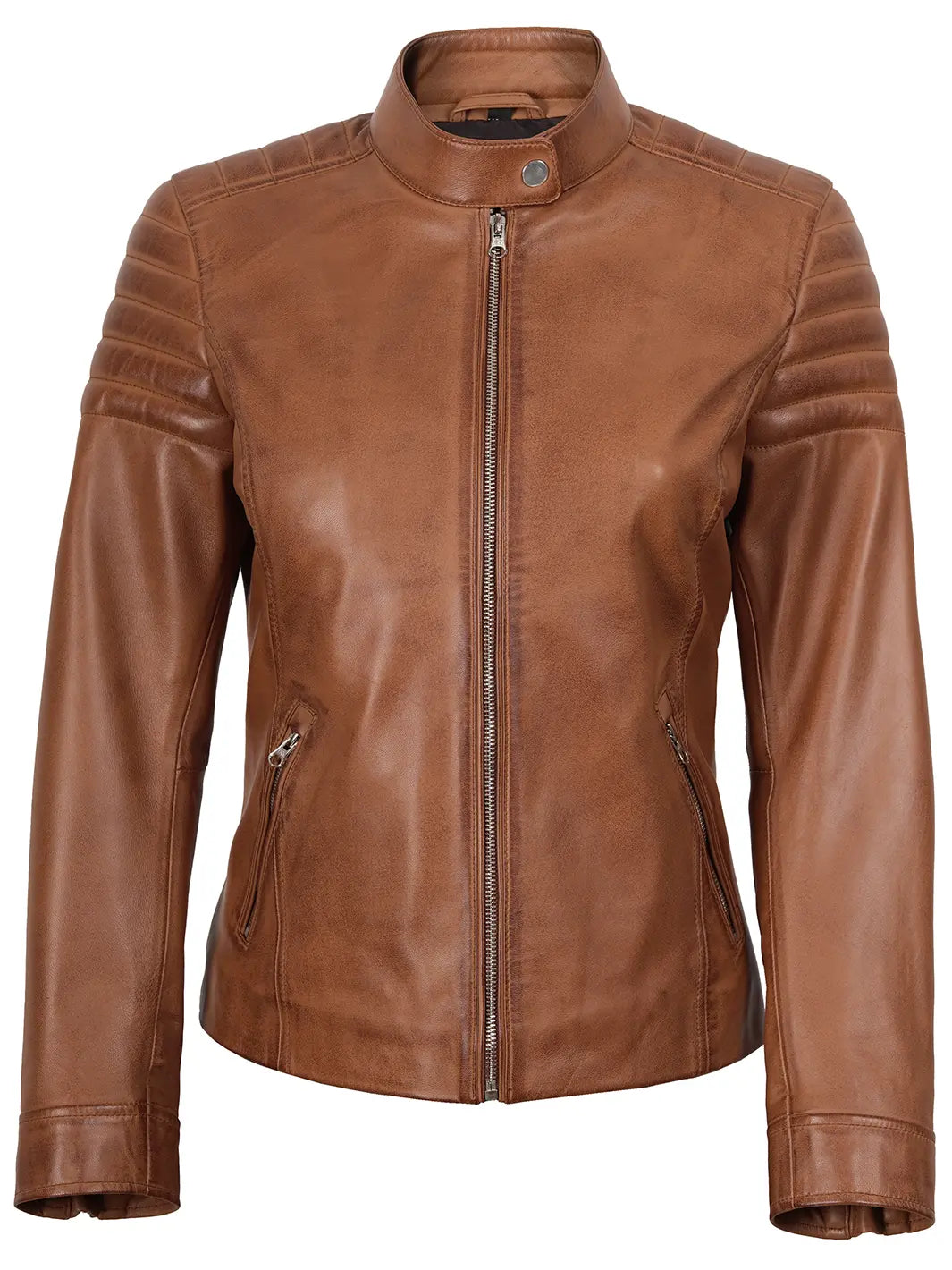 Tan Brown Cafe Racer Leather Jacket For Women