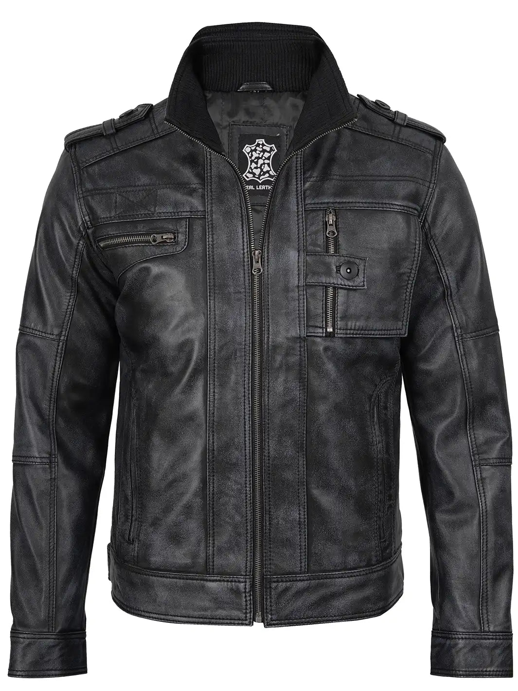 Tavares  Distressed Black Leather Biker Jacket For Men