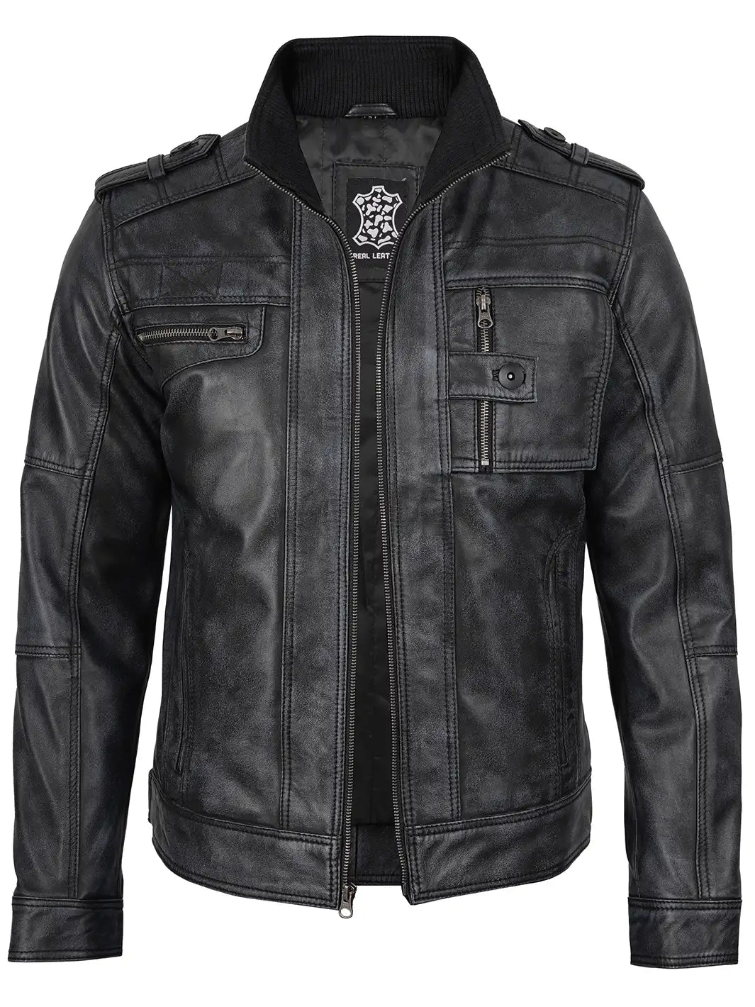 Tavares  Distressed Black Leather Biker Jacket Mens