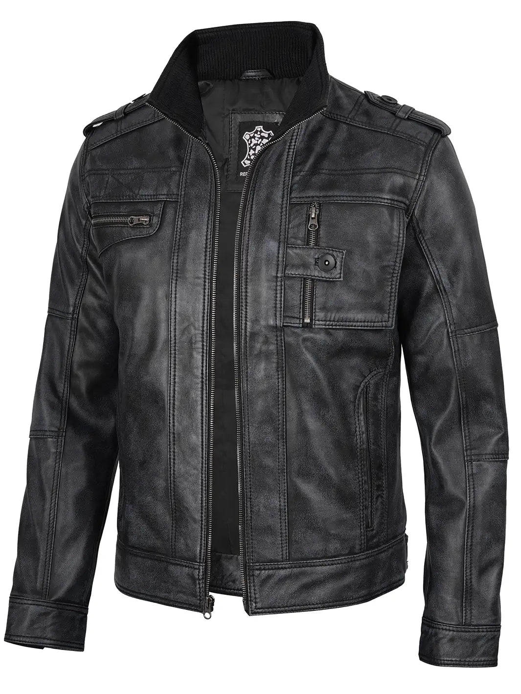 Tavares Mens Distressed Black Leather Biker Jacket