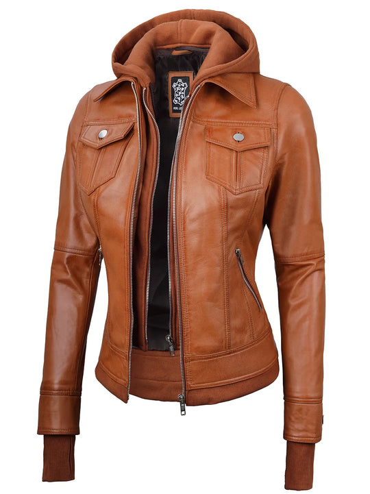 Hooded leather jacket for women