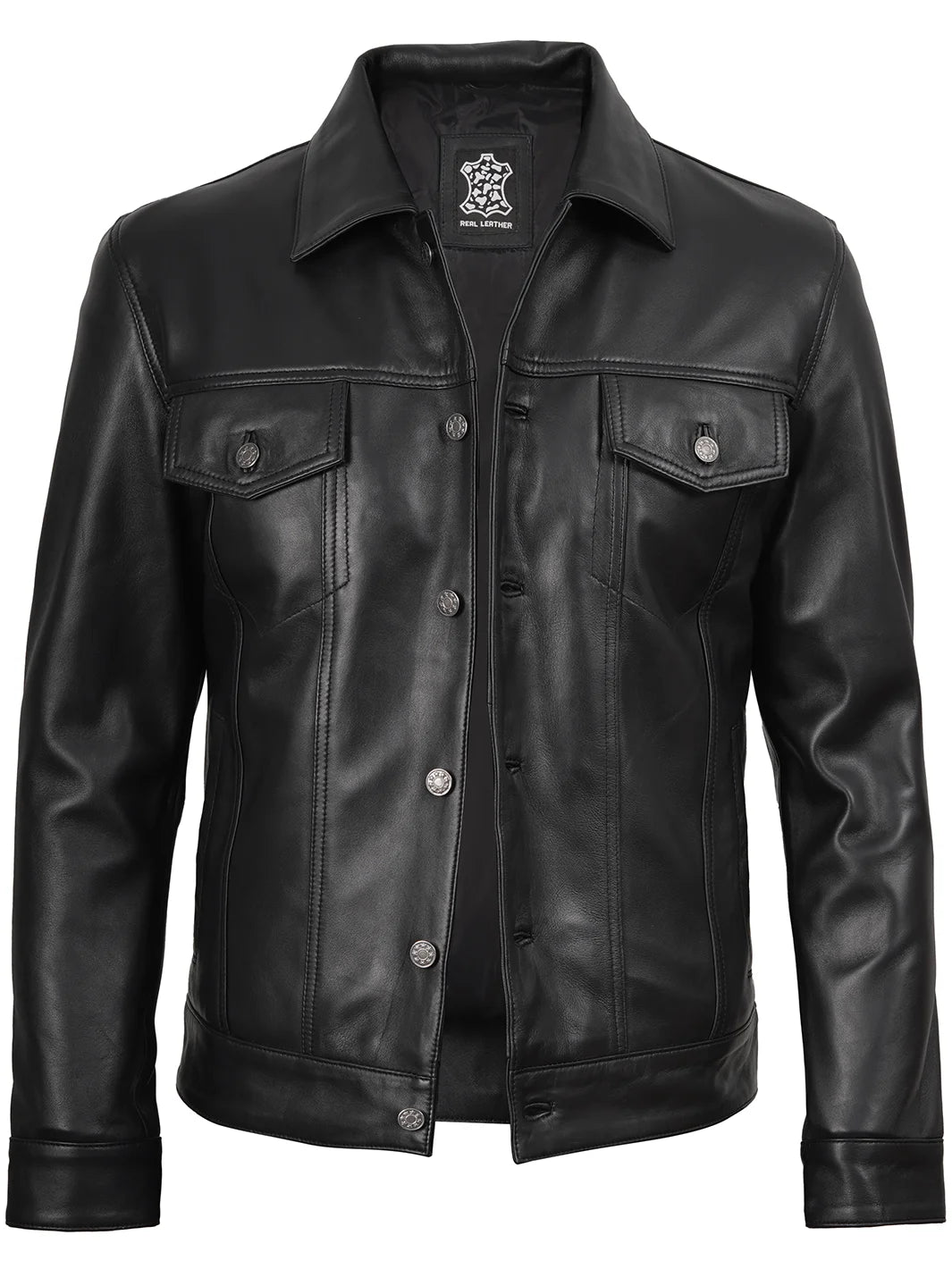 Fernando Men's Black Lambskin Leather Trucker Jacket