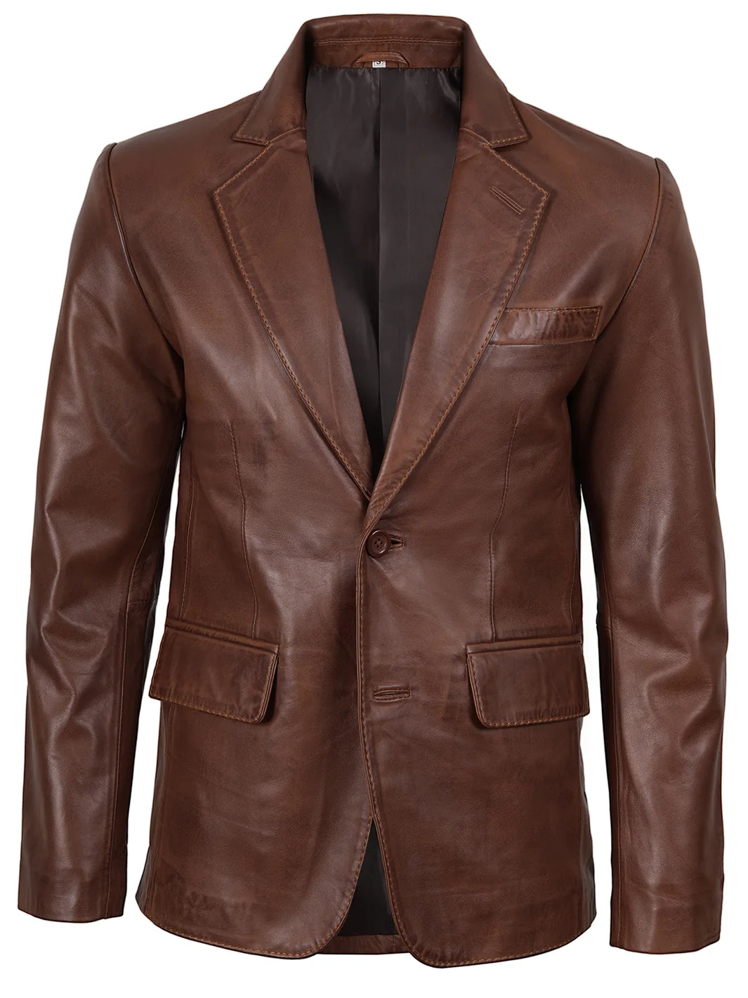 Two Button Mens Cognac Wax Leather Blazer