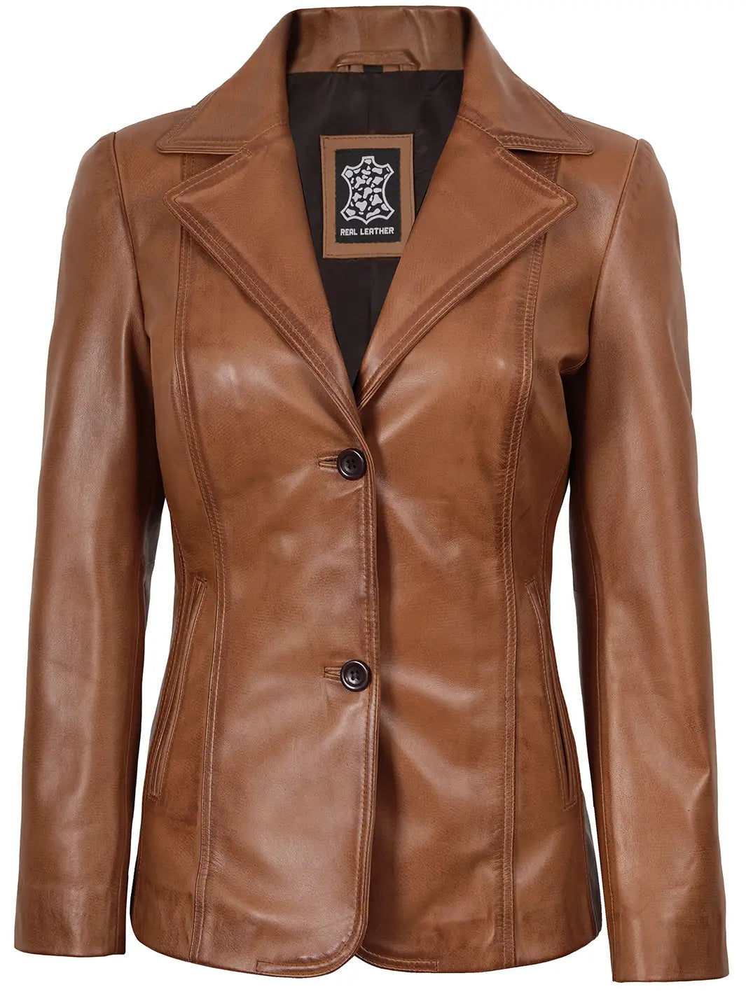 Two Button Tan Brown Leather Blazer Jacket For Womens