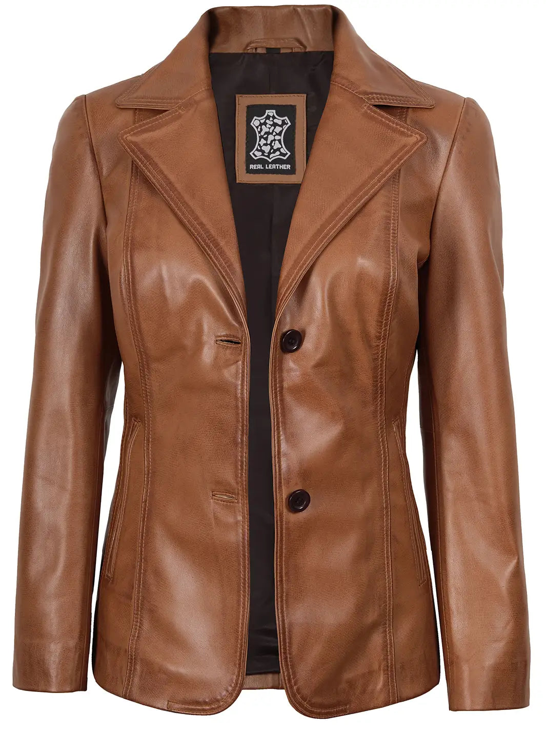 Two Button Tan Brown Leather Blazer Jacket Womens